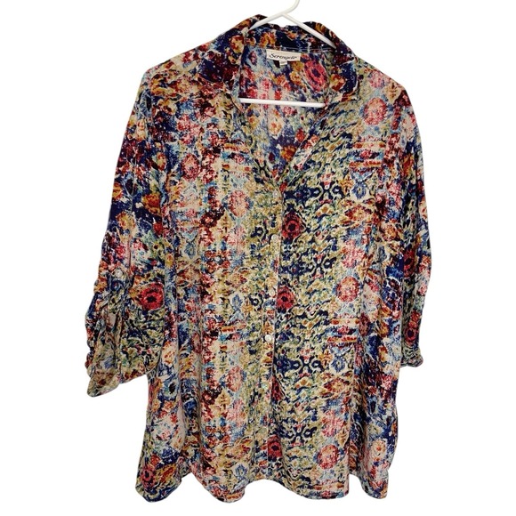 Serengeti Tops - Serengeti 3X Blouse Roll‎ Tab Sleeve Retro Abstract Artsy Print Business Office